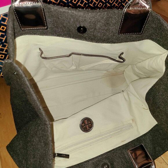 Tory Burch ELLA Wool Leather Trim Large Brown Gold Tote Bag Purse Handbag - Picture 8 of 9